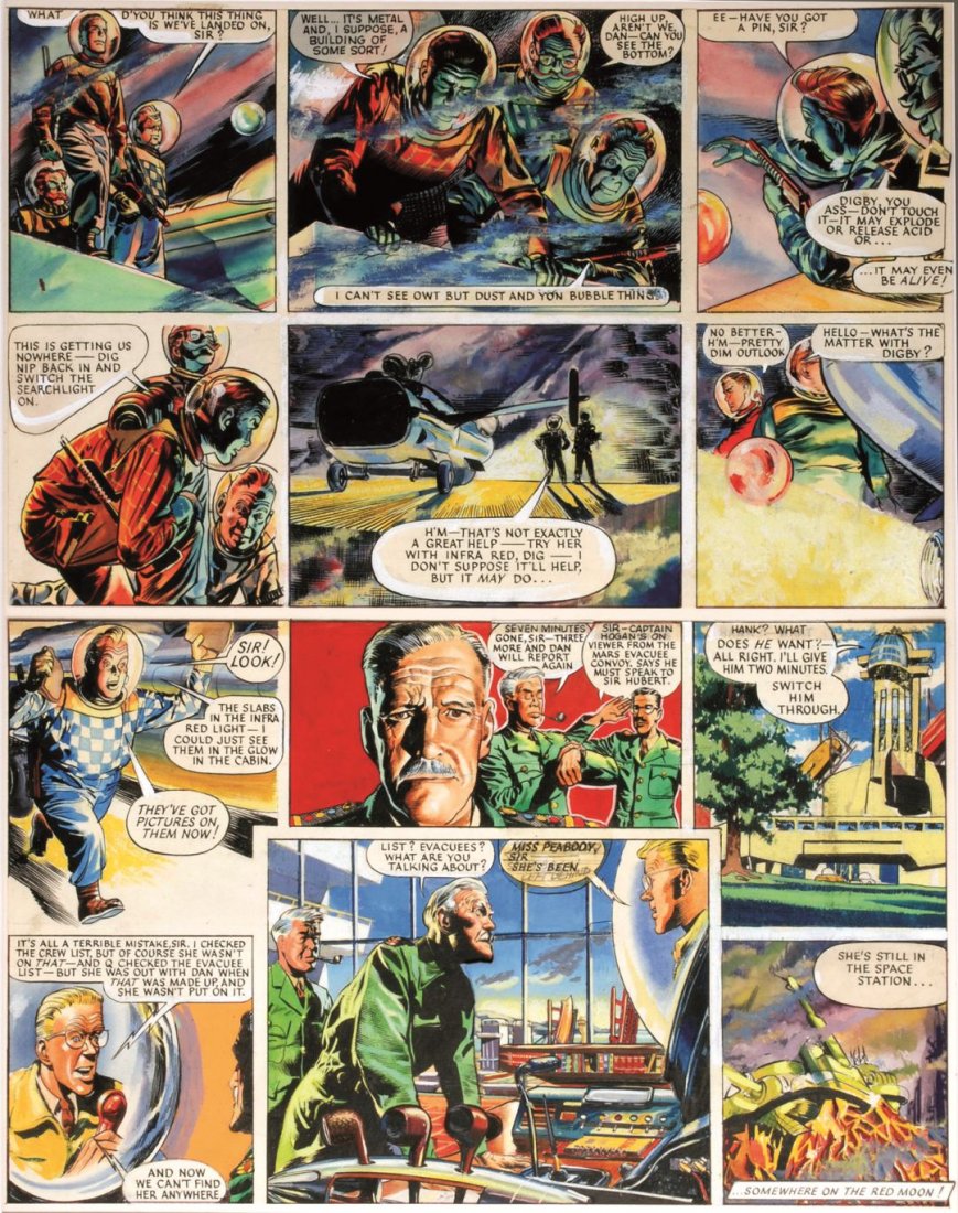FRANK HAMPSON, The Red Moon Mystery: Second plate. Mixed technique on remounted cardboard for "Dan Dare Annual", published 1974. A British sci fi masterpiece. Seconda tavola. Tecnica mista su cartoncino rimontato a vignette su cartone c