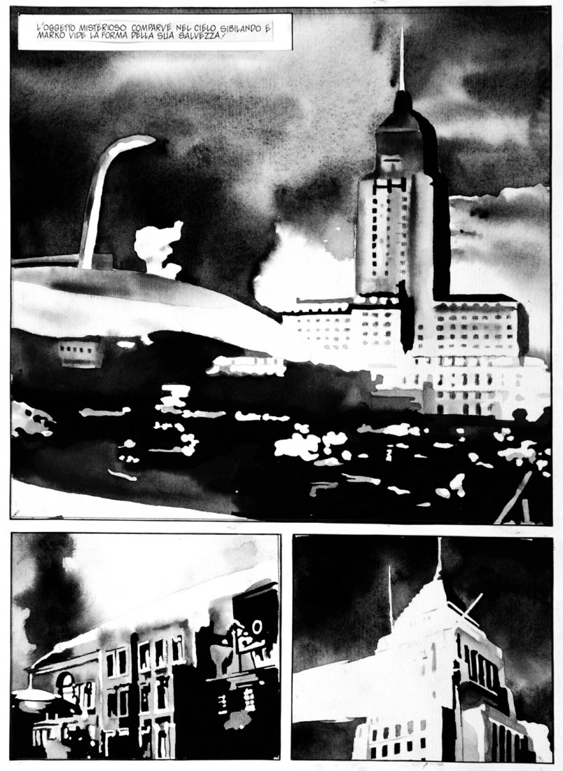 MARCELLO JORI, L'oggetto misterioso: Mysterious object Art published in "Linus", 1980's. Mixed technique on remounted cardboard. Jori debuted as a comic artist and he is now a well appreciated painter. Tavola per "Linus", anni '80. Tecn