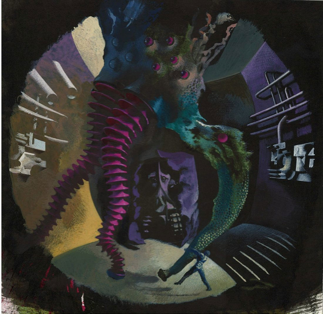 KAREL THOLE, Uomini, Marziani e macchine: Original cover art for "I romanzi di Urania" #524, October the 5th, 1969. Tempera on cardboard. One of the delirious visions of this extraordinary artist. Romanzo di Eric Frank Russell. Originale di