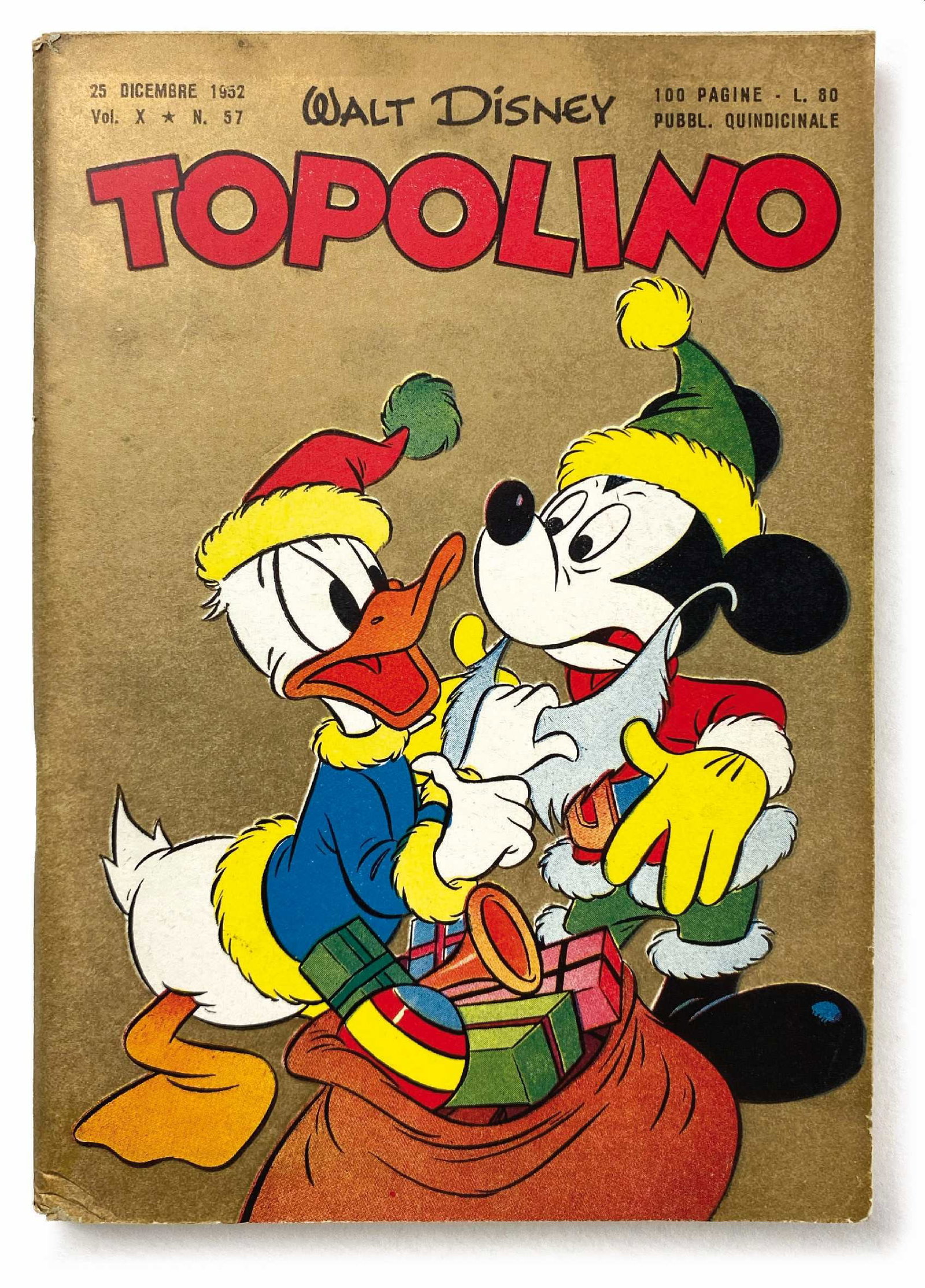 Topolino Libretto n. 57: 25 Dicembre 1952. Edicola. Copertina dorata con bella patina. Lieve piega angolo copertina posteriore e lieve piega da contatto allo spigolo inferiore del dorso. Interno eccellente. Pinzette lievement