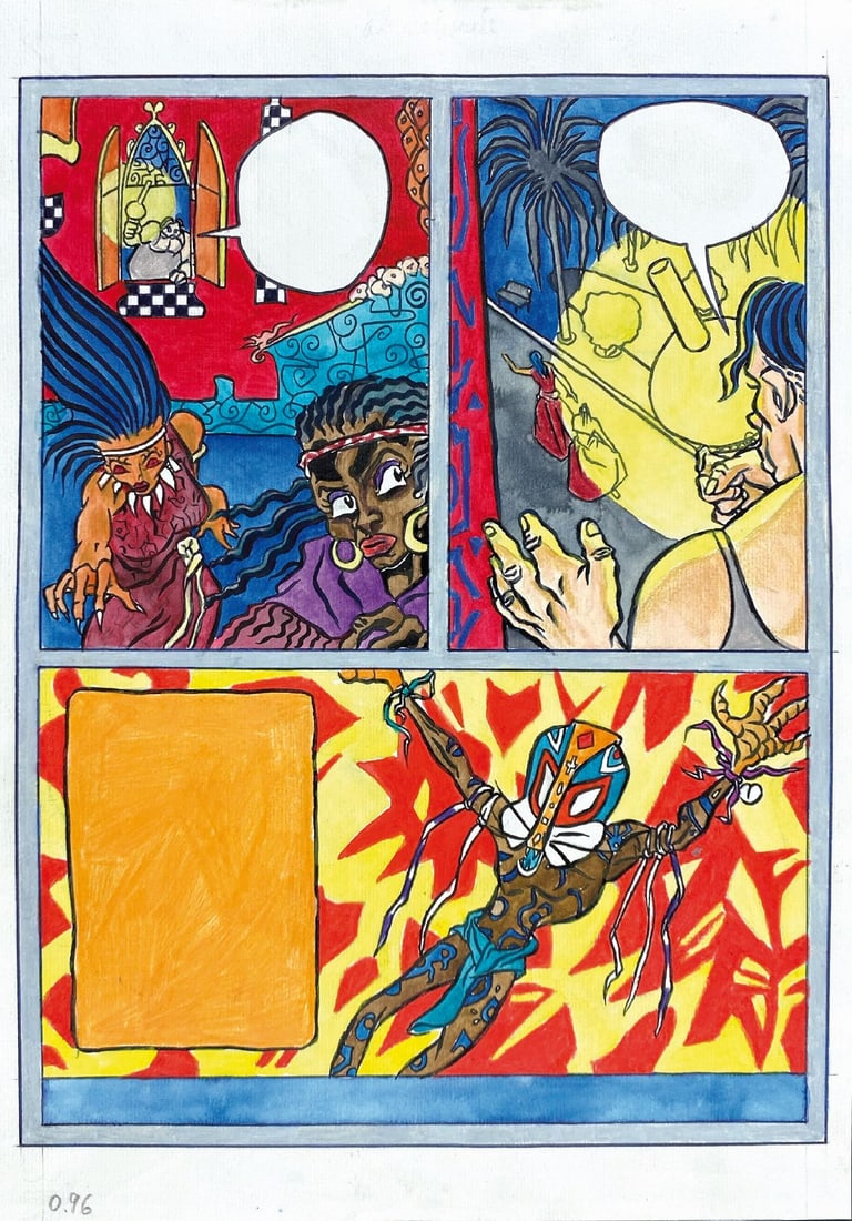 OTTO GABOS - La Bambola Tatuata: Sequenza di 3 tavole originali dalla tavola di apertura, pubblicate in “Frigidaire” n.83, Ottobre 1983; Primo Carnera Editore. Tecnica mista su cartoncino cm 31x22, accompagnate da veline con 