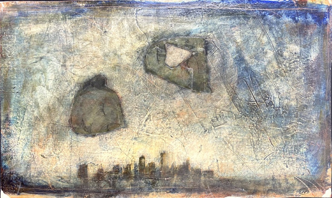 GIPI - Maschere sulla Citta': Dipinto, tecnica mista e collage su cartone gessato applicato su cartoncino, cm 29x34. Firmata non datato ma fine anni 90. ENG Painting, mixed media and collage on plaster cardboard applied on cardboa