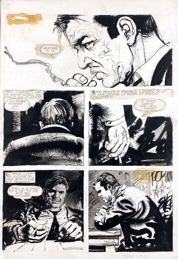 GUSTAVO TRIGO - Mestiere di M.: Tavola originale per fumetto giallo, primi anni 80. Matita e china su cartoncino; cm 52x36. Due balloon assenti per altro ottimo stato. ENG Original art for early 80s crime comic. Pencil and ink on th