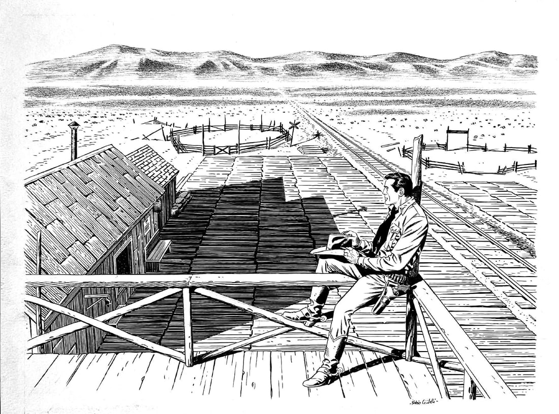 CIVITELLI - Tex la Stazione Abbandonata: FABIO CIVITELLI - Tex la Stazione Abbandonata (o nella calma della sera). Illustrazione pubblicata in “Il Mio Tex, La ballata del West” di Civitelli e Verger; Little Nemo 2011 a pag. 89. Matit