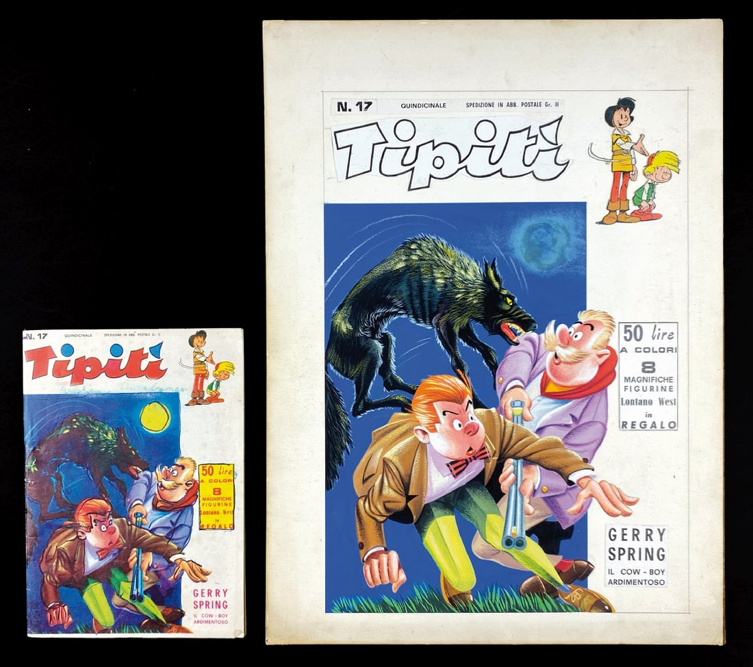 DINO BUSETT - Tipiti' n. 17: Originale di copertina per la rivista Dardo, n. 17, 1963. Tempera su cartone; cm 36,5x27. Pubblica Gil Giordan (Gil Jourdan) di Tillieux. Testata a stampa. Ottimo stato. Si allega albo originale in ot