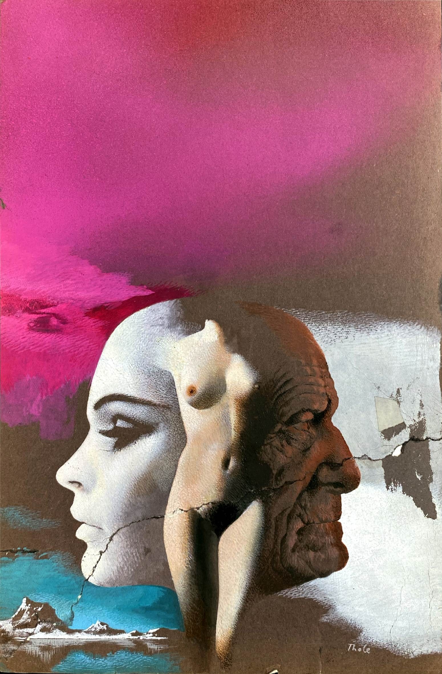 KAREL THOLE - Non Temero' Alcun Male: Originale di copertina per l'edizione tedesca del romanzo di Robert A. Heinlein “Das Geschenkte Leben”, Heyne, 1982, (titolo originale “I will Fear no Evil”, 1970). Tempera e collage s
