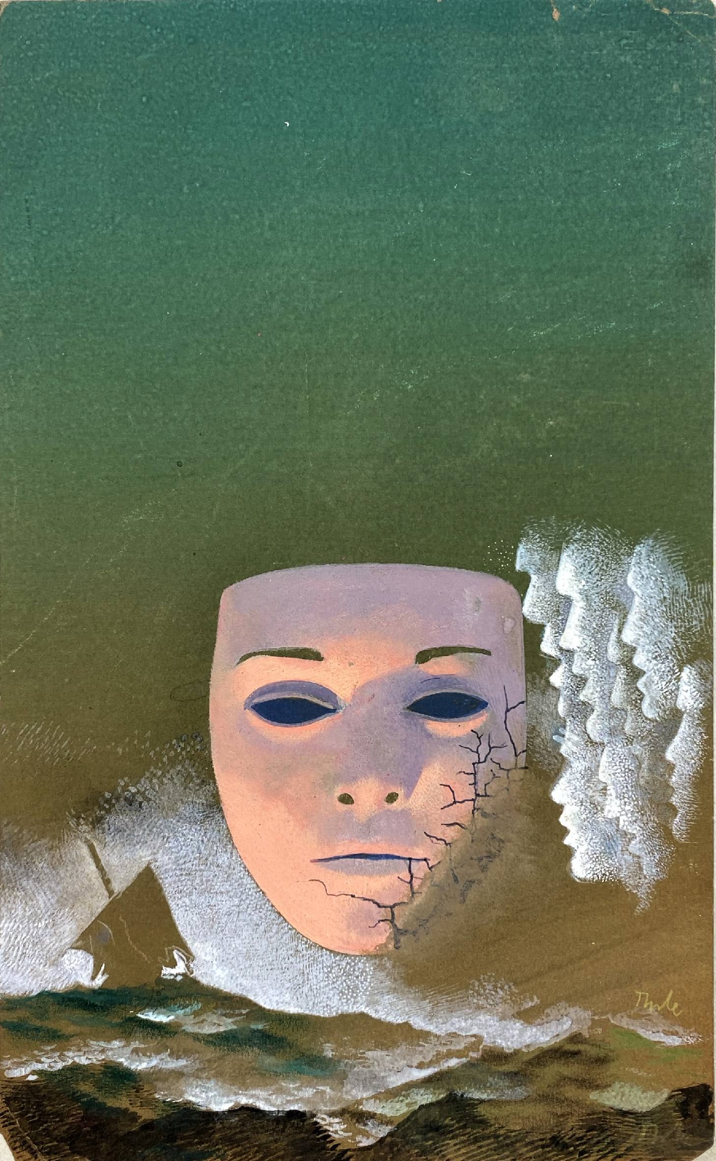 KAREL THOLE - La Maschera: Originale di copertina per romanzo non reperito. Tempera su cartone; cm 30x21,5. Firmata. Ottimo stato. ENG Original cover for novel of unknown title. Tempera on cardboard; 30x21.5 cm. Signed. Very go