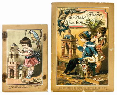 The Toy The Childs Like Best!: Coppia di cataloghi Dr. Richter's Publishing Office, London E.C., Germany. Coppia di cataloghi primi '900, in cromolitografia, dedicati ai giochi di costruzione. Con tavole f.t. a colori. Spillati,