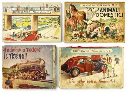 Oh, Che Bell'Automobile e altri Animati: Lotto composto da 4 volumi. Editrice Mediterranea, 1943, Collana Album a rilievo. Cartonati, cm 15x22 circa, con illustrazioni pop-up a colori. N. 4 “Buon Viaggio”, nuovo. N. 8 “Oh, Che