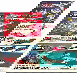 Airfix Constant Scale Construction Kits: Lotto composto da 5 cataloghi 1962-1966, figurati a colori. Spillati, da cm 14x20 a 21x23. Con timbri negozi e alcune annotazioni all'interno. Buono stato. ENG Lot consisting of 5 catalogues,