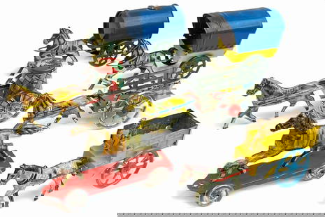 Lotto carrettini con cavallo: Sei carrettini anni '30 in latta litografata lunghezza cm 11 ca, cinque di fabbricazione italiana Marchesini ed uno tedesco. Uno promozionale della gazzetta del popolo sezione per i piccoli