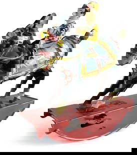 Fantino su mulo Bell: Modello in latta di cavallo a dondolo ditta Bell, anni '40. Meccanismo a molla, funzionante, cm 15x5x16. Eccellente stato. ENG Rocking horse tin model Bell, 1940s. Spring mechanism, working, 15x5x16