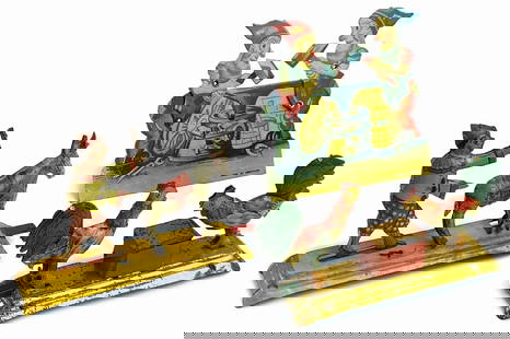 Lotto di tre giochi di Movimento: Lotto contenente tre giochi in latta litografata, Germany, anni '20/'30. Uno rappresentante due galli, uno rappresentante asinello e pagliaccio e l'ultimo rappresentante due elfi con martello. Tutti