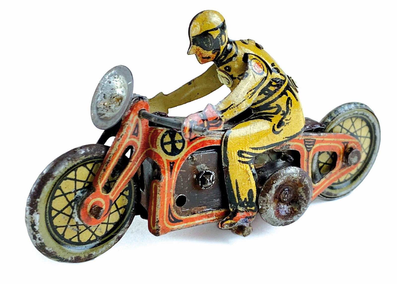 Motocicletta CKO: Motocicletta CKO in latta litografata, Germania, anni '30. Meccanismo a molla non funzionante, cm 9x3x5. Discreto stato di conservazione. ENG CKO motorcycle in lithographed tin, Germany, 1930s. Non-wo