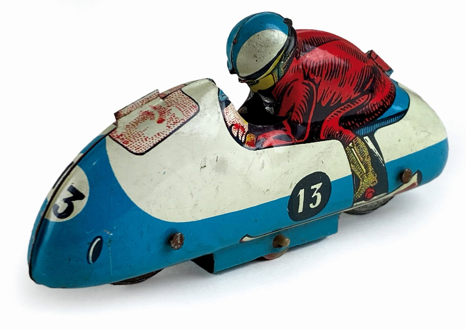 Moto Siro Ferrari: Lotto di tre motociclette in latta litografata, Italia anni '50. Meccanismo a spinta, cm 10x2x5. Varie marche Italia di cui due Ferrari Siro. Buono stato complessivo. ENG Lot of three lithographed tin