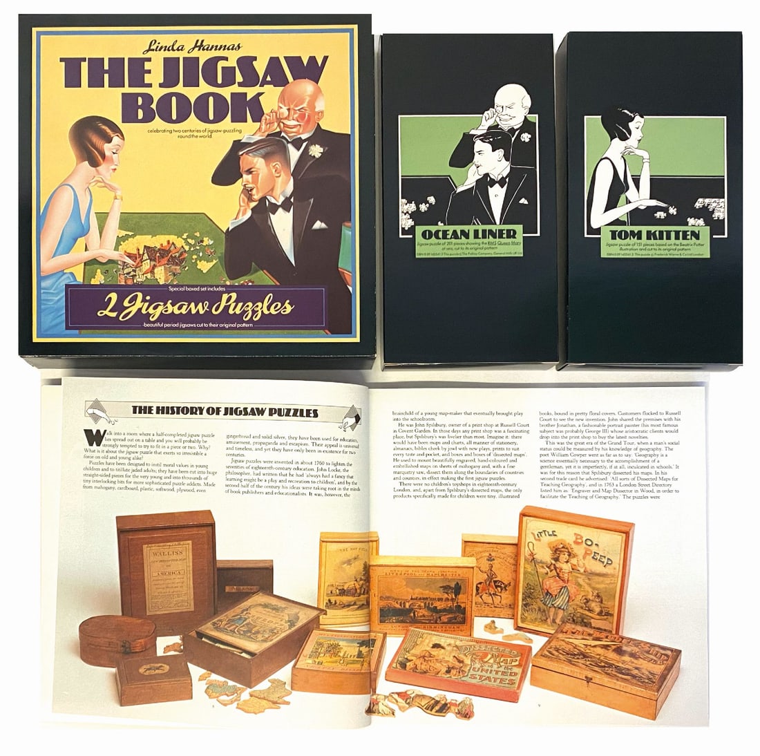 The Jigsaw Book: Celebrating two centuries of Jigsaw-puzzling round the world di L. Hannas, Hutchinson of London, 1981.Brossura, cm 25,5x25,5; pp. 96 b/n e col. Cofanetto cartonato, cm 26x26; contenente 2 Jigsaw puzzl