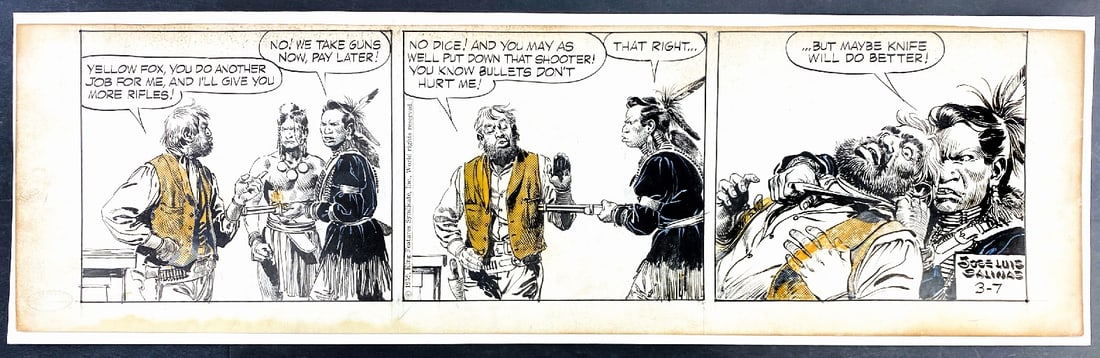 JOSE LUIS SALINAS - Cisco Kid: Striscia giornaliera edita il 7 marzo 1959. Matita, china e retino su cartoncino, cm 17,2x57,5. Lieve ingiallitura marginale, una leggera piega da pressione al margine bianco destro, peraltro ottimo s
