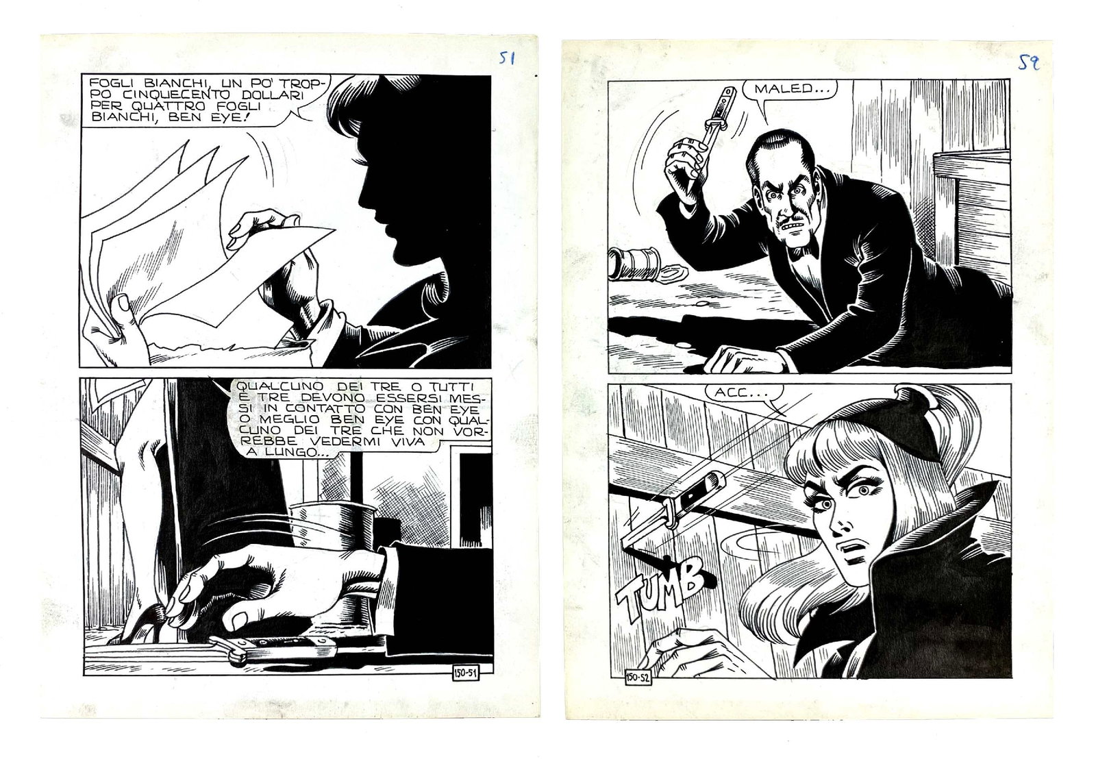 MAGNUS e BUNKER - Satanik: L'Inviato: MAGNUS e BUNKER - Satanik: L'Inviato di Mjorek - Quattro Fogli bianchi. Lotto di 2 tavole originali pubblicate a pag 51 e 52 di Satanik n. 150 Speciale 150: L'Inviato di Mjorek, edizioni Corno, 1970. 