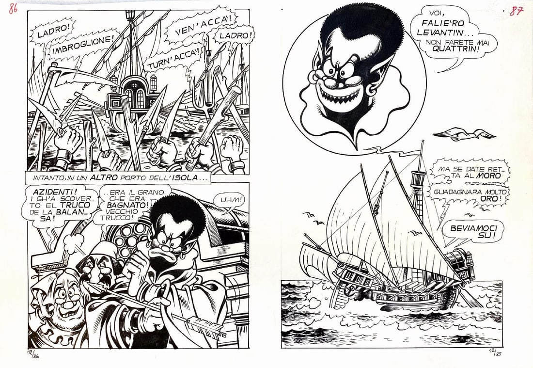 MAGNUS, ROMANINI - Compagnia della Forca: MAGNUS e ROMANINI - Compagnia della Forca: La Traversata Maledetta. Coppia di tavole pubblicate a pp 86 e 87 de Compagnia della Forca n. 12, ed. Geis, marzo 1978. Matita e china su unico cartoncino, c