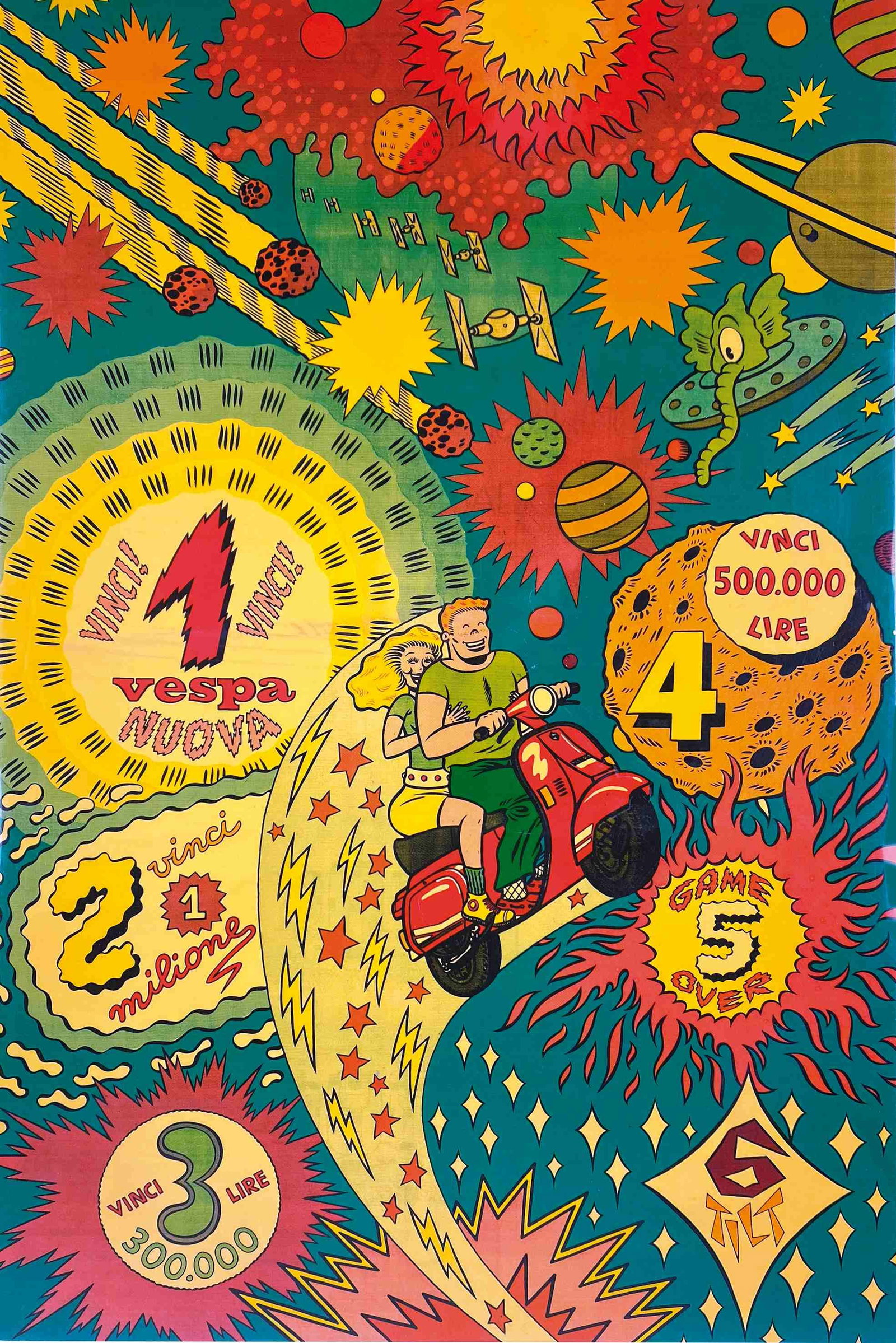 MASSIMO MATTIOLI - Vinci una Vespa Nuova: Illustrazione per Flipper. Matita su cartoncino, cm 65x50. Accompagnata da esecutivo a stampa, cm 62,5x41. Eccellente stato. ENG Illustration for Pinball machine. Pencil on cardboard, 65x50 cm. Accomp