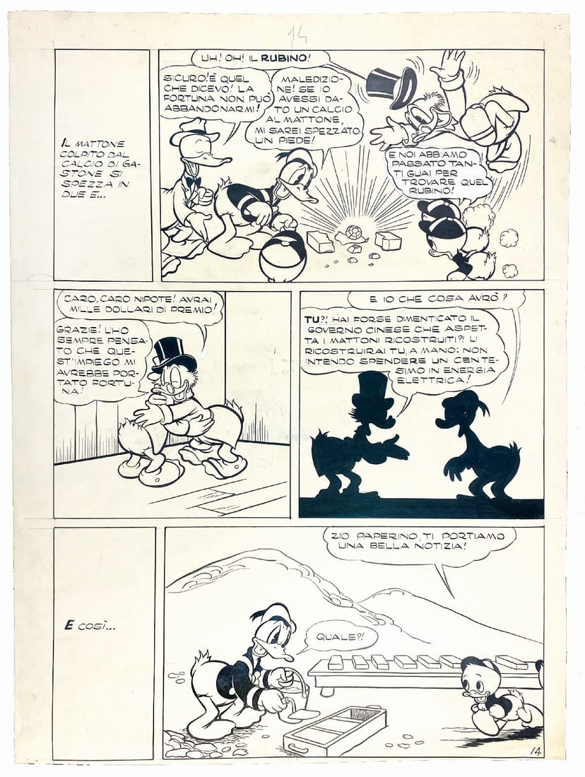 CARPI; CHIERCHINI - Paperino e il Muro: CARPI; CHIERCHINI - Paperino e il Muro del Riso Terza Parte. Quattordicesima tavola originale per la storia pubblicata in Topolino Libretto n. 98, Mondadori, settembre 1954. Matita, china e tempera bi