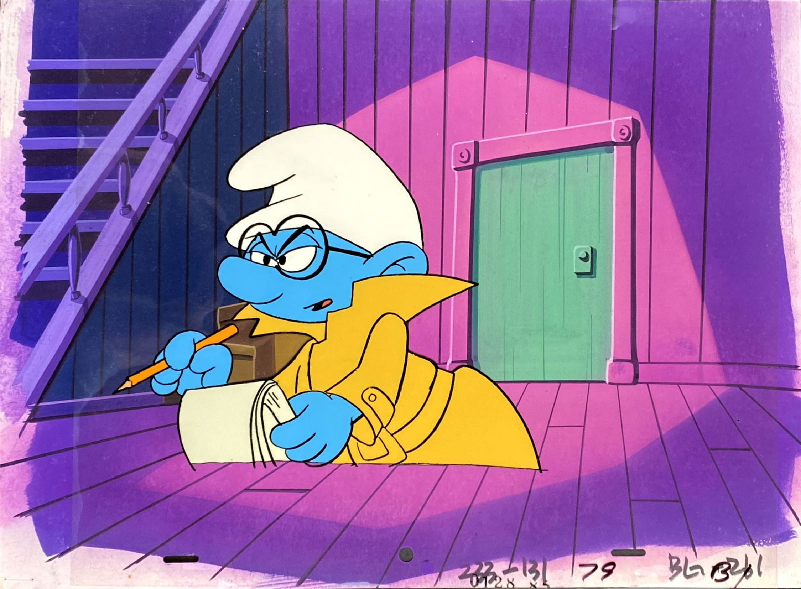 STUDIO PEYO - Il Puffo Detective: Setup originale china e tempera su acetato. Cm 26x36. Fondale dipinto. ENG Original setup, Indian ink and tempera on acetate. 26x36 cm. Painted background.