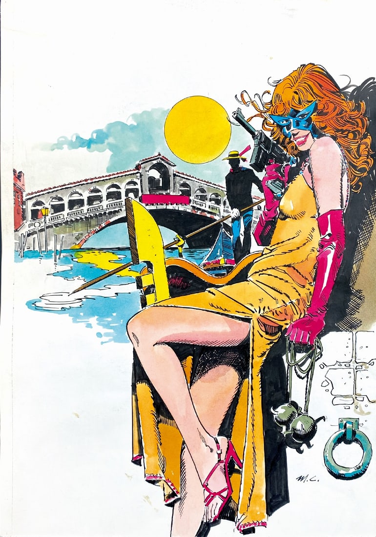 MARIO CUBBINO - Venezia Mortale: Originale di copertina per Albo Bliz, Universo, primi anni '80. Tecnica mista su cartoncino, cm 36,5x25,5. Firmata con monogramma. Buono stato ENG Original cover for Albo Bliz, Universo, early 80s. Mi