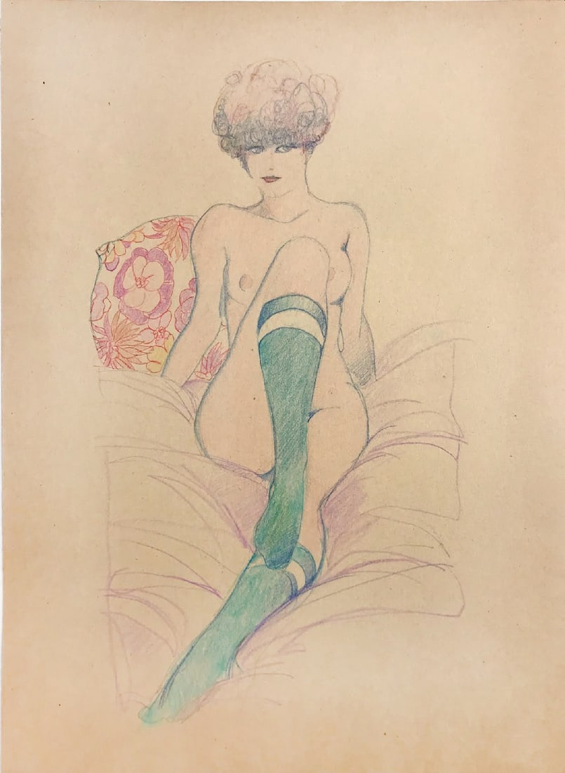 LEONE FROLLO - Parisiennes: Matite colorate su cartoncino giallo, cm 32,5x24. Eccellente stato. ENG Colored pencils on yellow cardboard, cm 32,5x24. Excellent condition.