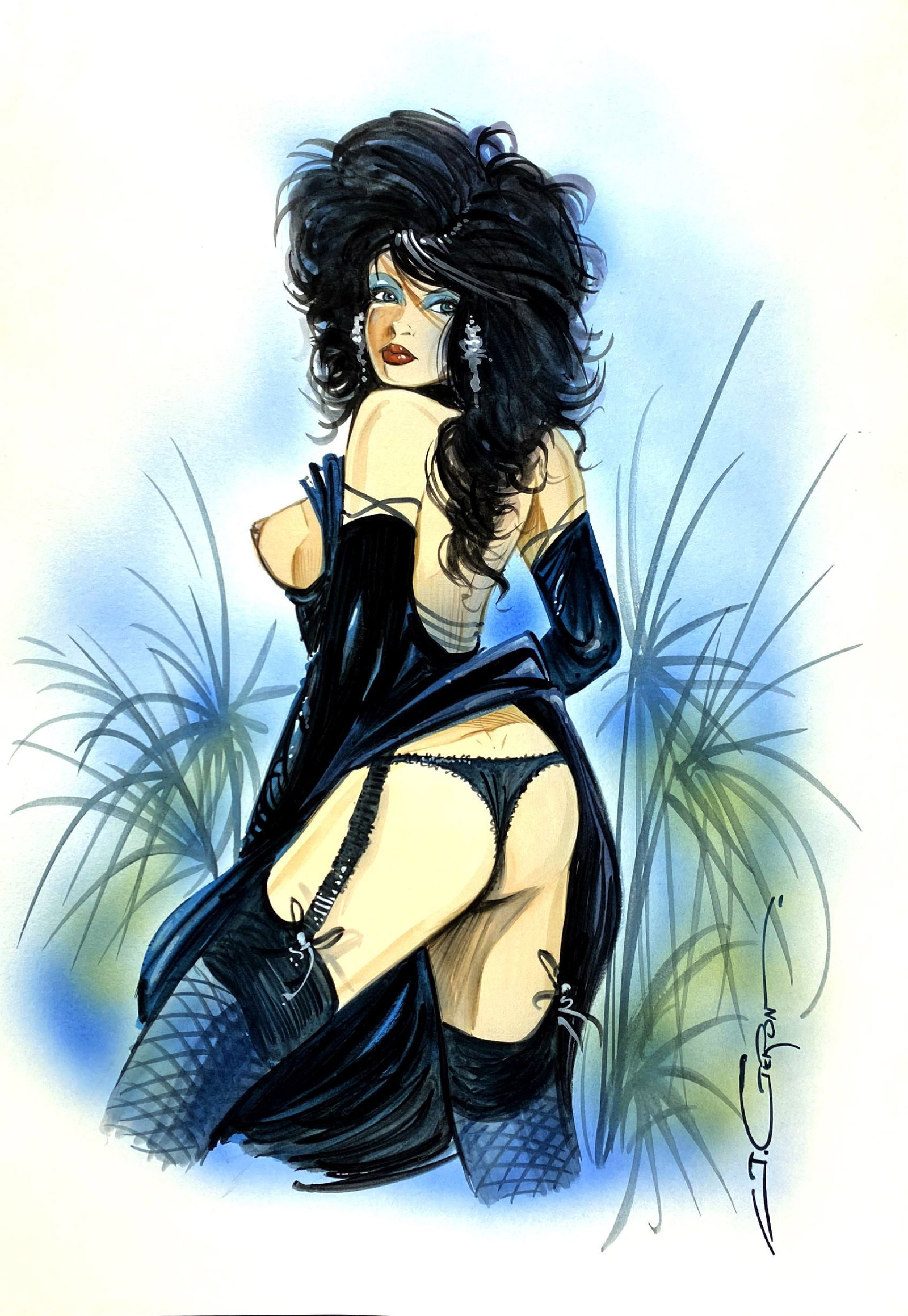 JACQUES GERON - Femme Fatale 2: Illustrazione in grande formato. Tecnica mista su cartoncino, cm 52x36,5. Firmata. Non datata ma anni '80. Ottimo stato. ENG Large-sized illustration. Mixed media on cardboard, 52x36.5 cm. Signed. Not