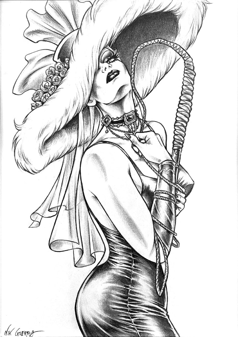 NIK GUERRA - Magenta con Frusta: Illustrazione originale matita e carboncino su cartoncino, cm 42x30. Non datata ma 2010 circa. Firmata. Eccellente stato. ENG Original illustration in pencil and charcoal on cardboard, 42x30 cm. Undat