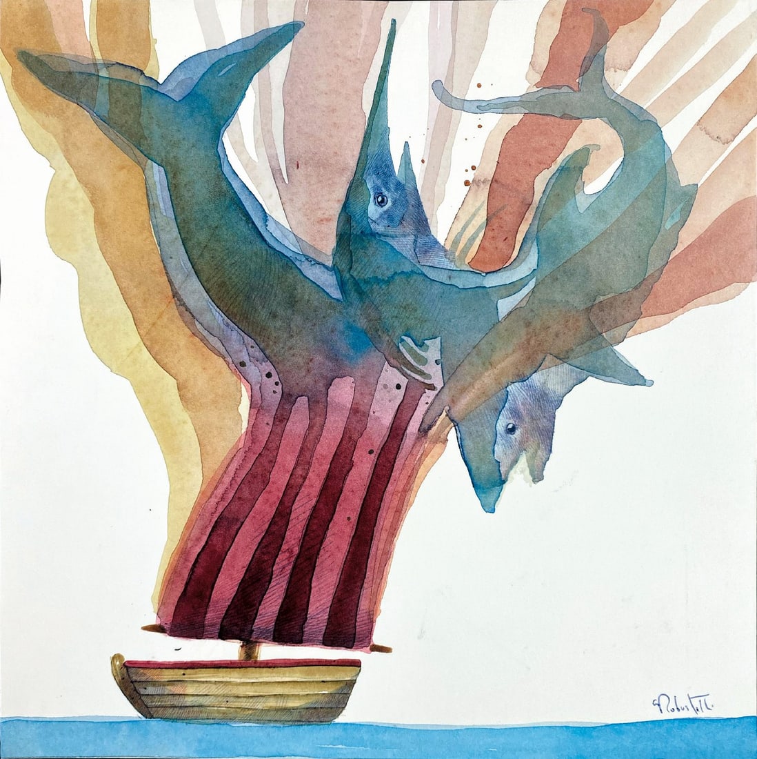 G. ROBUSTELLI - La Storia di Santiago: GIOVANNI ROBUSTELLI - La Storia di Santiago. Illustrazione originale per il libro-catalogo “Santiago e i Suoi Pensieri”, Papel, 2019. Acquerello su cartoncino, cm 30x30. Firmata in basso a des