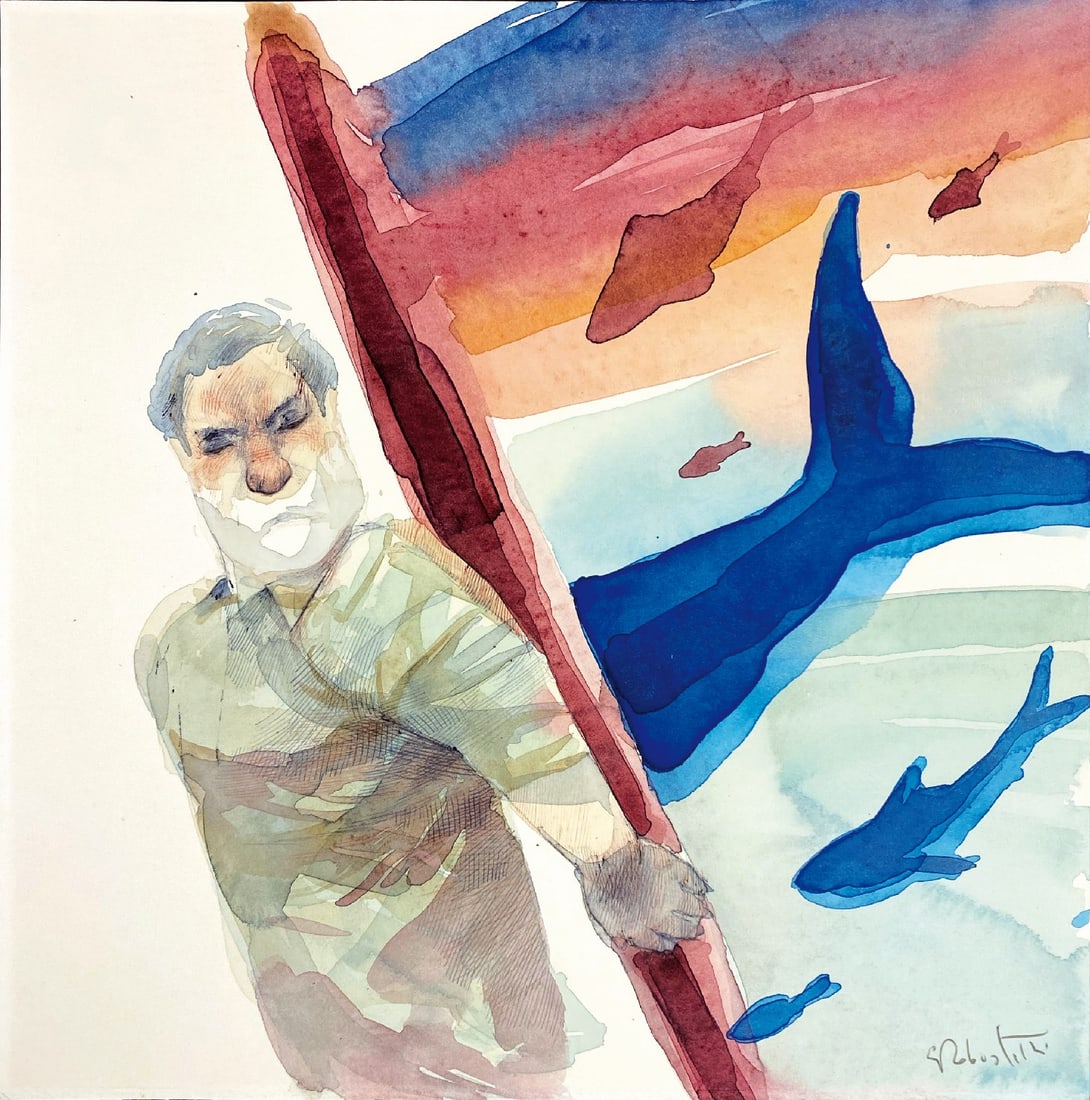 G. ROBUSTELLI - La Stanchezza: GIOVANNI ROBUSTELLI - La Stanchezza di Santiago. Illustrazione originale per il libro-catalogo “Santiago e i Suoi Pensieri”, Papel, 2019. Acquerello su cartoncino, cm 30x30. Firmata in basso a