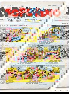 Topolino Giornale n. 10 - RITIRATO: LOTTO RITIRATO // REMOVED LOTNerbini, 4 marzo 1933. Cm 35x25. Buono stato. Le pagine 5 e 6, mancanti, sono riprodotte in fac-simile. Copertina con una menda senza mancanze. Retrocopertina in
