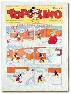 Topolino Giornale n. 57: 27 gennaio 1934. Cm 35x26. Firma di appartenenza a matita al margine superiore della copertina. Pressoche' nuovo, con lievi ondulazioni di umidita' e fioriture. Esente da restauri.