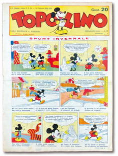 Topolino Giornale n. 59: 10 febbraio 1934. Nuovo. Rifilato, cm 34x25,5. Proveniente da legatura con cucitura a filo. Di insolita freschezza. Esente da restauri.