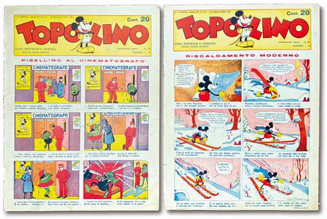 Topolino Giornale n. 61, 63: Lotto composto da 2 Topolino Giornale febbraio/marzo 1934. Provenienti da legatura con cucitura a filo, rifilati, cm 34x25. N. 61 con una menda e uno strappetto senza mancanze alla copertina