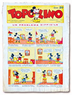 Topolino Giornale n. 64: 17 marzo 1934. Cm 35x26. Non rifilato. Lievi fioriture, strappetti senza mancanze al margine destro del giornale e firma di appartenenza a matita al margine superiore della copertina. Copertine