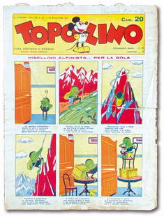 Topolino Giornale n. 65: 24 marzo 1934. Cm 35x26. Non rifilato. Esemplare discreto con significativo strappo di circa 15 cm che attraversa l'intero giornale. Da restaurare. Firma di appartenenza a matita al margine superiore
