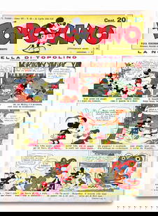 Topolino Giornale n. 68: 14 aprile 1934. Proveniente da legatura a filo, rifilatura accettabile cm 34x25,5. Minimo strappetto senza mancanze al margine destro, lievi fioriture, peraltro nuovo.