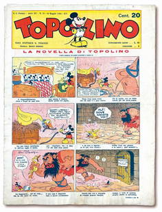 Topolino Giornale n. 72: 12 maggio 1934. Cm 35x26. Firma di appartenenza a matita al margine superiore della copertina. Pressoche' nuovo, con lievi ondulazioni da umidita' e fioriture. Minimi strappetti marginali senza