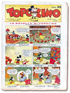 Topolino Giornale n. 74: 26 maggio 1934. Cm 35x26. Firma di appartenenza a matita al margine superiore della copertina. Buona copia con lievi ondulazioni da umidita' e fioriture. I fogli interni hanno preso un poco del rosa