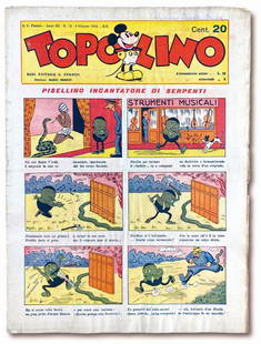 Topolino Giornale n. 75: 2 giugno 1934. Cm 35x26. Firma di appartenenza a matita al margine superiore della copertina. Buona copia con lievi ondulazioni da umidita' e fioriture. I fogli interni hanno preso un poco del rosa