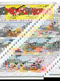 Topolino Giornale n. 76: 6 giugno 1934. Cm 35x26. Esemplare in discreto stato di conservazione. Firma di appartenenza a matita al margine superiore della copertina. Con lievi ondulazioni da umidita' e fioriture. I fogli