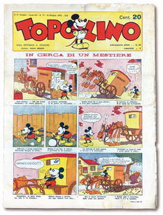 Topolino Giornale n. 77: 16 giugno 1934. Cm 35x26. Non rifilato. Minimi strappetti marginali. Lievi macchie alla parte centrale della copertina posteriore. Complessivamente ottimo stato.