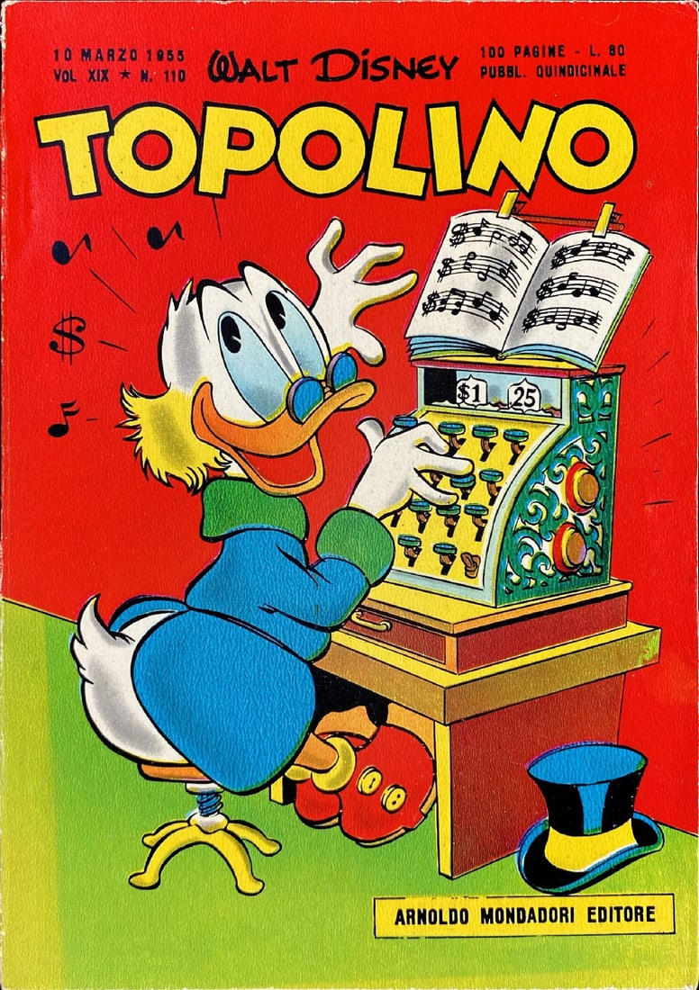 Topolino Libretto n. 110: Mondadori, 10 marzo 1955. Magazzino. Copertine lisce e perfette. Lievissima piega da pressione angolo inferiore destro copertina. Accenno di inizio scriminatura bianca al dorso, peraltro dorso squadra