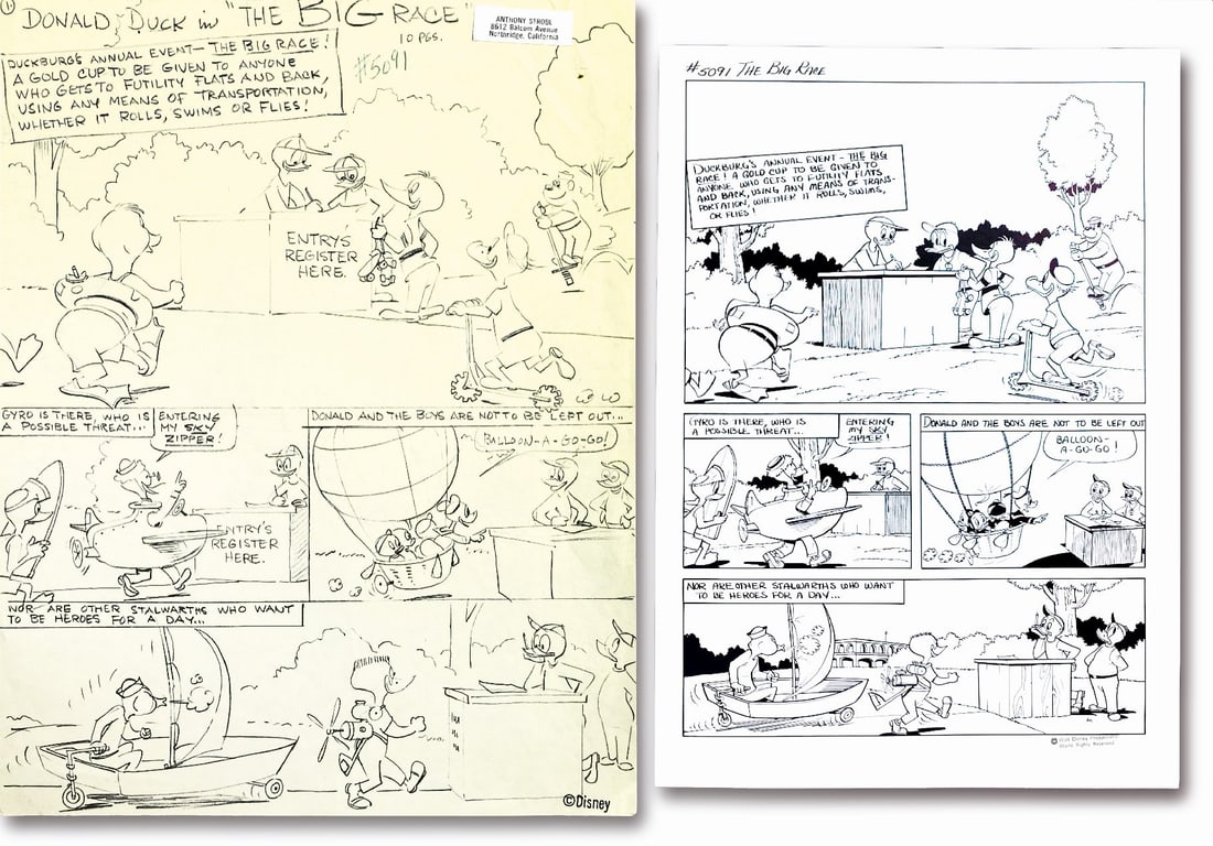STROBL - Donald Duck in The Big Race: TONY STROBL - Donald Duck in "The Big Race". Tavola preliminare per una storia realizzata per il Brasile (codice Disney #5091). Lapis su carta con timbro Disney, cm 28x21,5. Accompagnata da patinata d
