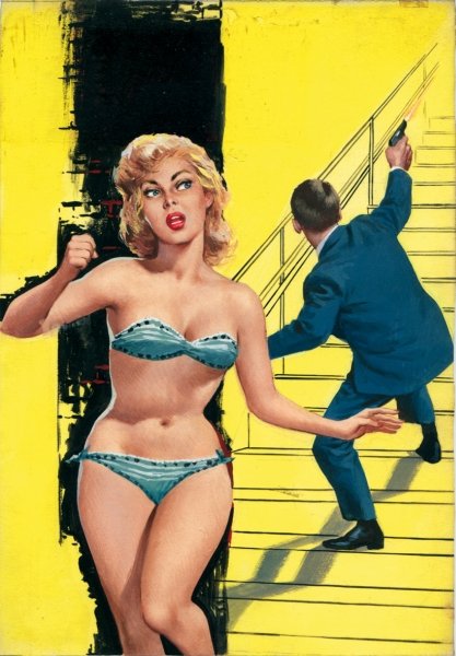 Carlo Jacono Sparate a vista: Original cover art from the early Sixties. Tempera on cardboard. Originale di copertina per rivista gialla primi anni ’60. Tempera su cartone cm 20x30.