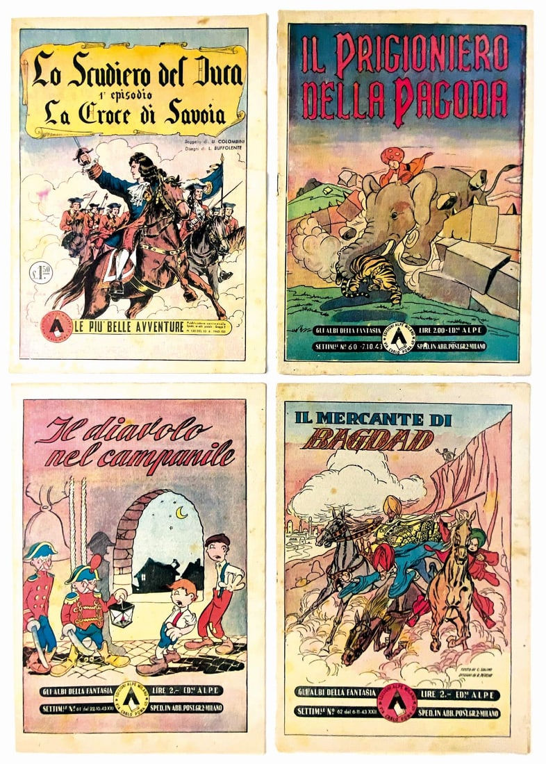 Scudiero del Duca, Prigioniero della Pagoda: Lo Scudiero del Duca, Il Prigioniero della Pagoda - Gli Albi della Fantasia. Lotto composto da 7 albi, Alpe, collana Albi della Fantasia, 1943. Spillati, cm 28x19,5. Nn. 60 a 64. Le Più Belle Avventu