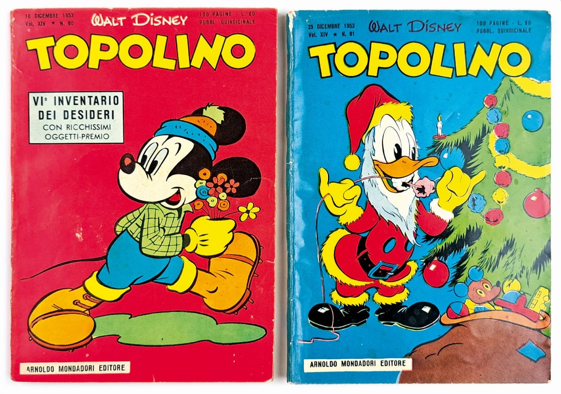 Topolino Libretto n. 80, 81: Mondadori, dicembre 1953. Brossura con spillatura interna, cm 18,5x12,5 circa. Nuovissimi. Pinzette non affioranti. Interni eccellenti. Completi di bollino e giochi non giocati.