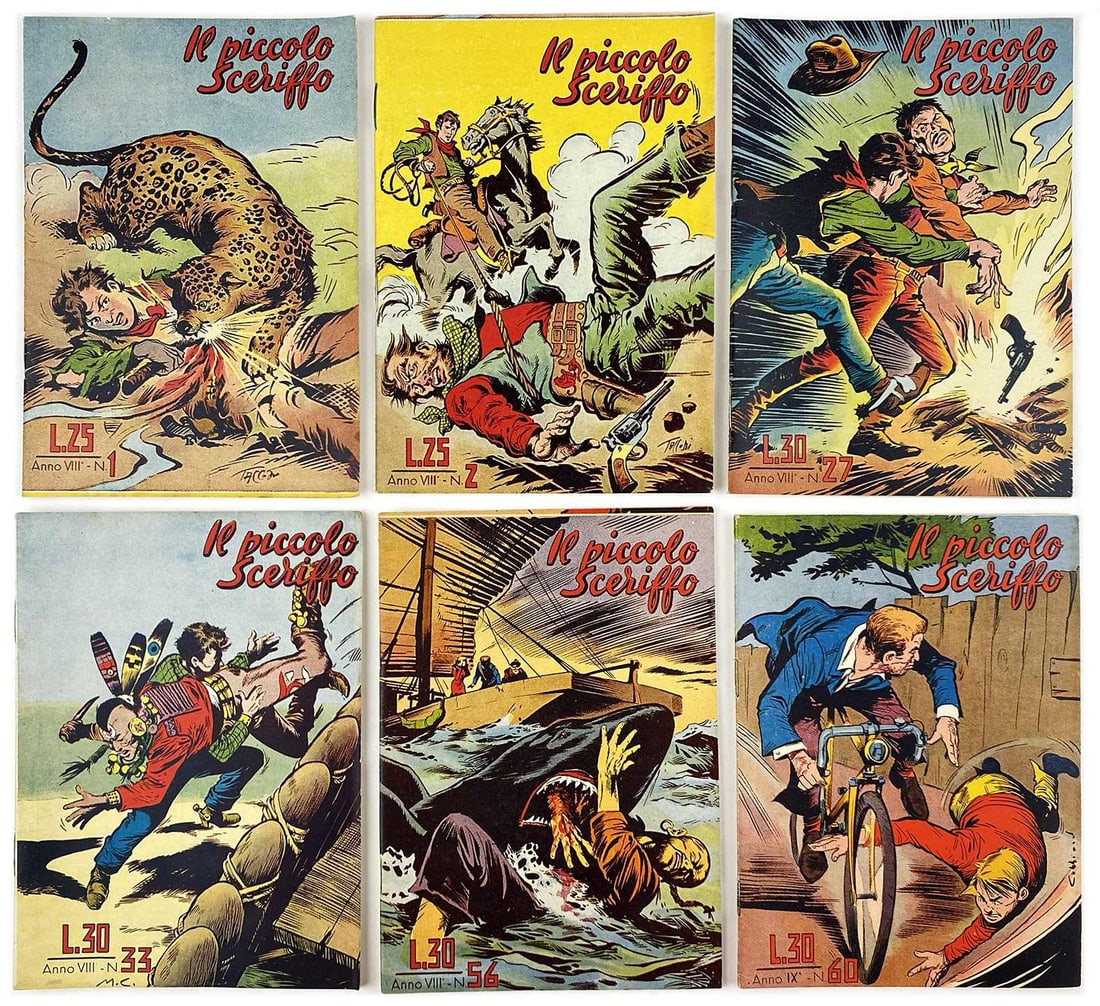 Piccolo Sceriffo Lib. Quinta Serie Completa: Il Piccolo Sceriffo Libretto Quinta Serie Completa. Torelli, 1955. Spillati, cm 17x12 circa. Serie completa da 1 a 60. Pubblica anche le avventure di Sciuscia' e Nat del Santa Cruz. Edicola/magazzino.